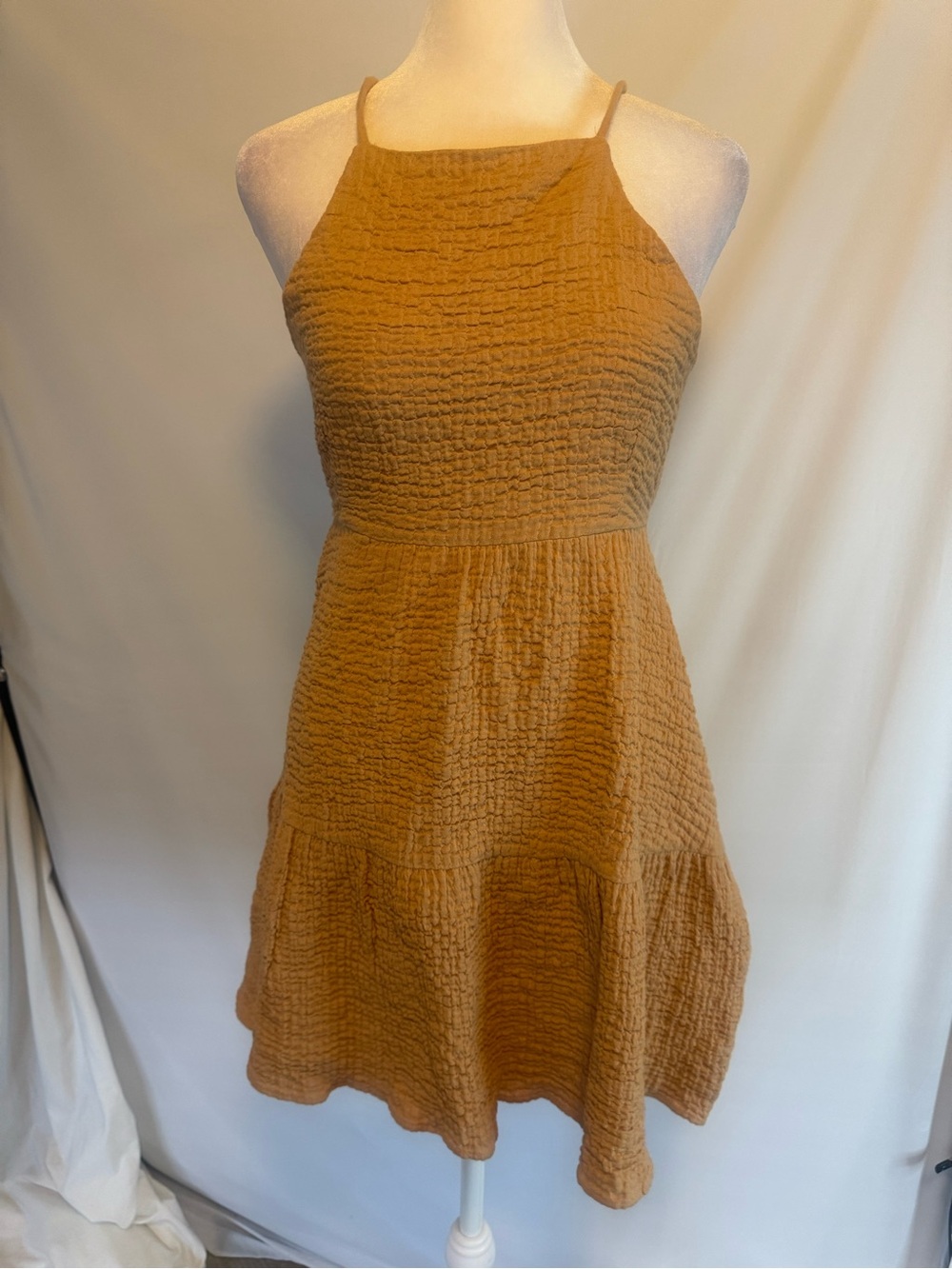 Zara Textured Smocked Halter Mini Dress, Tie Back Detail, Ruffle Look Layers